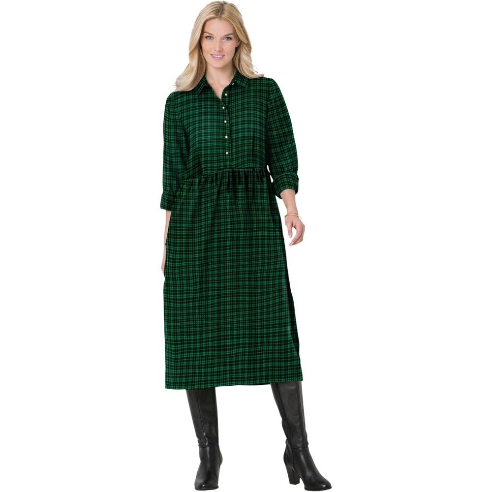 Woman Within‎ 26W Plaid Green Black Button Down Dress Pockets Flannel Lumberjack